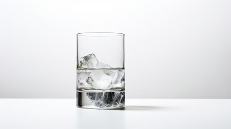 shot glass with ice and rock, showcasing minimalist sensitivity. the white background enhances the abstract minimalism, while the light gray tones add an elegant touch. this new york city-inspired subject matter evokes emotive faces. creative commons attribution. ai generatedの素材