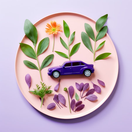a toy pink car sits on a plate adorned with flowers and leaves, captured in the style of ultraviolet photography. this minimalist collage combines detailed botanical illustrations with colorful woodcarvings, creating a unique blend of metropolis and nature. the vibrant hues of violet and green evoke a sense of pristine naturalism. ai generatedの素材
