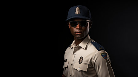 a high school policeman, in the style of afrofuturism-inspired, is captured in this high definition photo. the image showcases hyperrealistic wildlife portrait elements, with 8k resolution and flat areas of color. the subject is wearing sunglasses, adding a touch of mystery to the studio portrait. the photo has been processed using darktable, resulting in a visually striking composition. ai generatedの素材