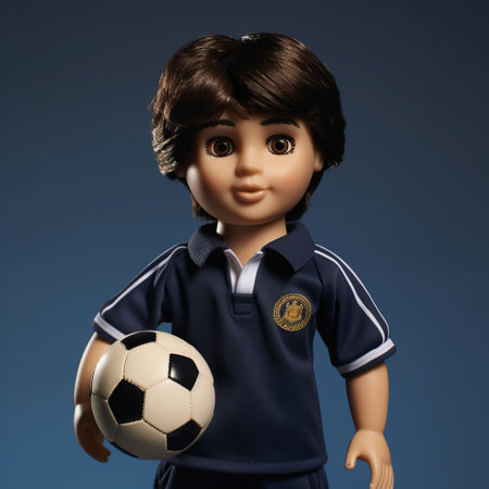a girl doll, in the style of dark navy and light bronze, plays with a baseball ball. this genderless doll, inspired by the glasgow style, named louis, showcases a strong facial expression. the photo is captured in stunning 8k resolution, highlighting the meticulous detailing of the doll. ai generatedの素材