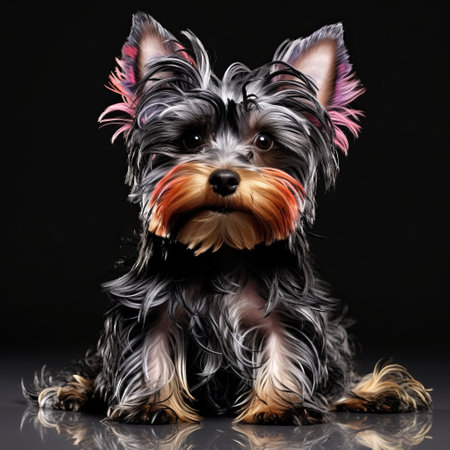 a dog sitting in front of a black background, showcasing fine feather details in a style of light gray and magenta. created using zbrush, this artwork by lorenz hideyoshi features a cute and colorful depiction of the dog with strong facial expression. the image is adorned with ornamental details and embellishments. ai generatedの素材