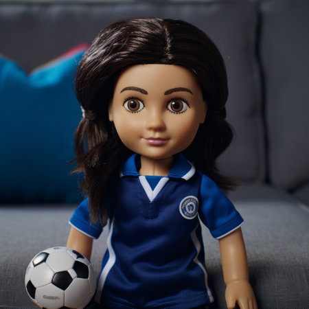american girl doll playing soccer with a dark brown and dark azure soccer ball. this object portraiture specialist captures a blink-and-you-miss-it detail. the rtx technology emphasizes the doll's facial expression, while the bold character designs create a rich and immersive experience. ai generatedの素材