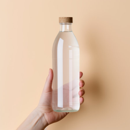 empty water bottle held by a woman's hand on a bright beige background. this stock photo features a glass bottle with a minimal retouching style, inspired by geometry and industrial aesthetics. rendered in unreal engine, the image showcases a light pink and white color scheme with a texture-based design. ai generatedの素材