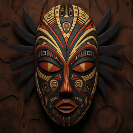 an artfully tattooed indian mask, rendered in cinema4d, showcases intricate african patterns on a wooden canvas. this 8k 3d masterpiece combines dark proportions with traditional oceanic art, resulting in a captivating web-based artwork. ai generatedの素材