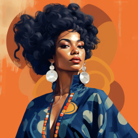 a young black woman, dressed in a vibrant and colorful attire, is captured in this portrait. her earrings add a touch of elegance to her overall look. the style of the artwork is reminiscent of cyril rolando, navy and amber, ivanovich pimenov, and jon foster, blending character studies, fashion illustration, and historical illustration seamlessly. ai generatedの素材