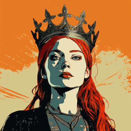 this midshot image showcases an ultra-detailed illustration of the crown, featuring a posing redhead. the cel-shading style with a 1.3 ratio adds depth to the centered image. created by mschiffer, this artwork stands out with its strong outlines, bold traces, and high contrast. the inkpunk influence is evident through the ink lines with a 1.1 ratio. with a resolution of 32k, this unframed vector artの素材