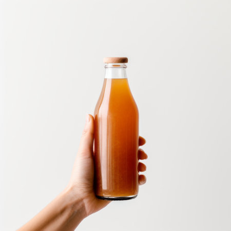 a person's hand holds a bottle of orange liquid, isolated on a white background. the photo features a light brown and indigo color scheme, with a natural fiber texture. it incorporates elements of avocadopunk and the vancouver school, while utilizing a sabattier filter for a unique effect. the image is crisp and delicate, with hidden details to discover. ai generatedの素材