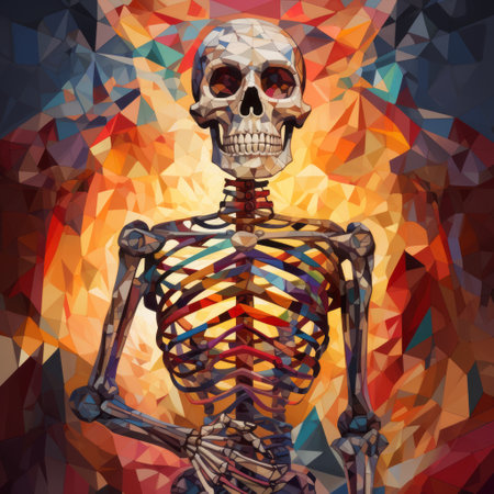 a highly detailed illustration of a skeleton is depicted against a dark abstract colorful background, reminiscent of the geometric cubism style. this artwork, inspired by the works of ai weiwei and grzegorz domaradzki, showcases a combination of light red and dark amber hues. the gothic illustration evokes a range of human emotions. ai generatedの素材