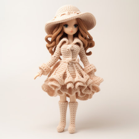 a crocheted toy doll wearing black boots, inspired by the artistic styles of patty maher, eiichiro oda, pale palette, and berthe morisot. this doll features elegant outlines, elaborate details, and an anime-influenced design. ai generatedの素材