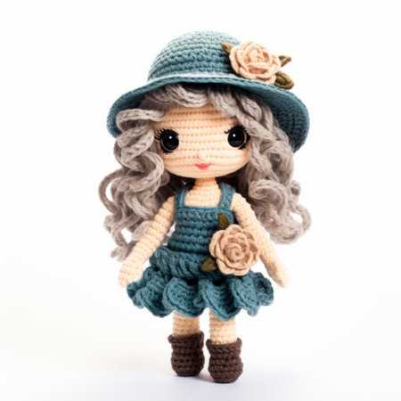 crochet doll pattern for children to make, featuring a sadao doll design. this pattern showcases a dark beige and dark aquamarine color scheme, inspired by the artistic style of lilia alvarado. the doll's hair is richly layered and wavy, reminiscent of camilla d'errico's artwork. the doll is designed in a colored cartoon style, with a charming combination of dark sky-blue and light emerald hues. aiの素材
