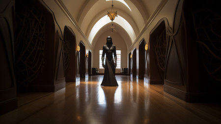 a statue stands at the entrance of a lengthy corridor, guiding the way to a stunning hall. the photograph captures the eerie ambiance with its ominous, bentwood lighting. the scene combines elements of midwest gothic and phoenician art, featuring sculptural costumes that evoke a victorian gothic aesthetic. ai generatedの素材