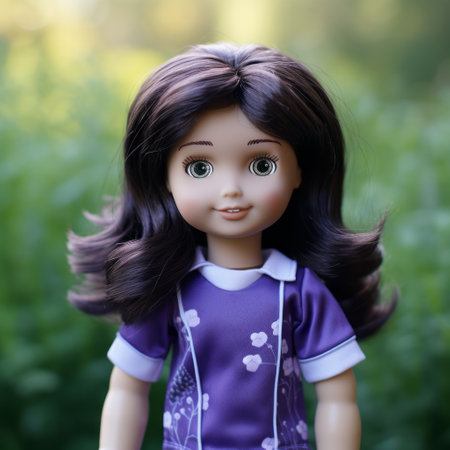 a small doll in purple clothing and red bows is captured in a candid portrait, set against a grassy background. the doll's style is reminiscent of a schoolgirl lifestyle, with authentic details that resemble disney animation. the use of bryce 3d and ue5 technology enhances the vibrant colors of light emerald and dark brown, creating a visually stunning image. ai generatedの素材