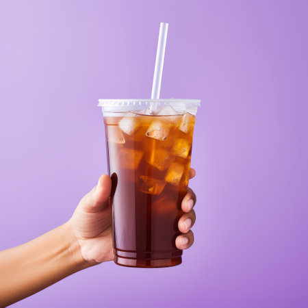 a woman holds a plastic cup of iced tea against a vibrant purple background. the photo showcases a unique blend of transparency and opacity, with contrasting shades of dark brown and black. the dark brown and white elements add an exciting texture to the composition. this captivating image captures the essence of carcore and is reminiscent of an associated press photo with a touch ofの素材