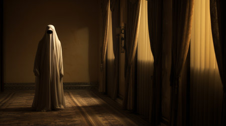 a ghost in the hallway, captured with the sigma 85mm f1.4 dg hsm art lens, showcases a ghostly image with an open door. the orientalist style adds an intriguing touch, while the golden light enhances the ethereal atmosphere. the photorealistic portraiture technique brings out the details of the yellow and beige tones, complemented by the luxurious drapery. this 4k image is a captivating visual experience.の素材