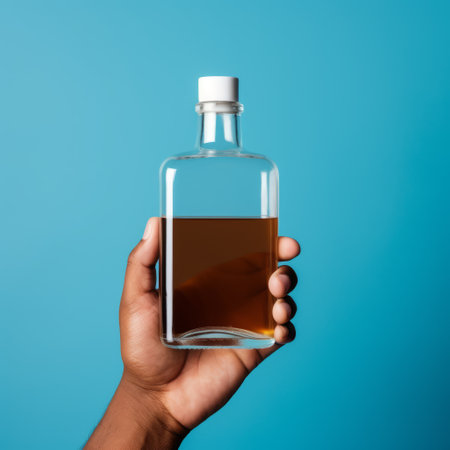 a photo of liquor being poured into a glass, held by fingers, featuring a minimalist color field style with shades of brown and azure. the image showcases elements of industrial and product design, as well as influences from the harlem renaissance and drugcore aesthetics. minimal retouching has been applied, resulting in a hyper-realistic oil effect. ai generatedの素材