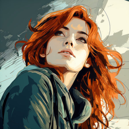 a centered, ultra-detailed illustration of x from succession, featuring a posing redhead. the artwork showcases a cel-shading style with strong outlines and bold traces, creating a high contrast effect. created by mschiffer, this unframed artwork is rendered in a 32k resolution with the best quality, highlighting the inkpunk aesthetic with ink lines and flat colors. ai generatedの素材