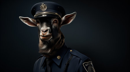 a goat dressed as a police officer, wearing a helmet, captured in a high-resolution, 32k uhd photograph. this unique portrait showcases the goat's playful costume, created in the style of zbrush, with post-processing enhancing the overall effect. the image exudes an evocative and epic atmosphere, making it a standout example of yankeecore photography. ai generatedの素材
