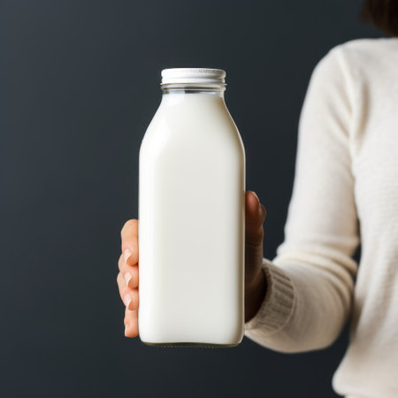 a woman holding up a bottle of milk, showcasing raw authenticity and dark white tones. the image is processed using darktable, resulting in clear edge definition. with a yankeecore aesthetic and high resolution, the photo exhibits a precisionism influence. ai generatedの素材