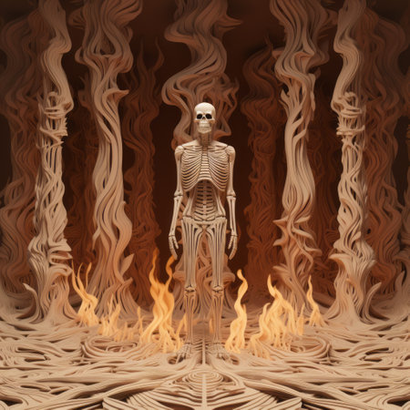 a 3d skeleton and fire artwork, featuring a psychedelic illustration style with a sepia tone. this optical illusion piece showcases a full body skeleton in symmetrical chaos, drawing inspiration from psychological phenomena illustrations. the artwork also reflects influences from zen buddhism. ai generatedの素材