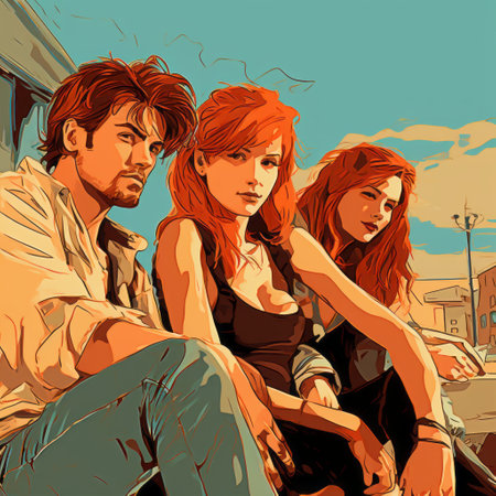 this midshot image is a centered and ultra-detailed illustration by mschiffer. it features the character z and their friends, with z posing as a redhead. the artwork showcases a unique inkpunk style with strong outlines and bold traces. the use of tetradic colors adds vibrancy to the composition, while the high contrast and cel-shaded effect enhance the visual impact. this unframed vector artwork is presentedの素材
