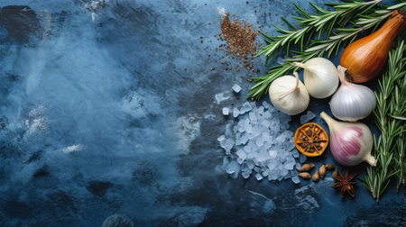 a photo of a minimalist arrangement featuring onion, pepper, tomatoes, garlic, red chile, olives, and rosemary on a dark blue background. the composition showcases exquisite craftsmanship with a touch of grit and grain. the colors used, such as light aquamarine and gray, resemble the style of crystalcore and caras ionut. the background has a marble-like texture, adding an elegant touch to the overall image. aiの素材