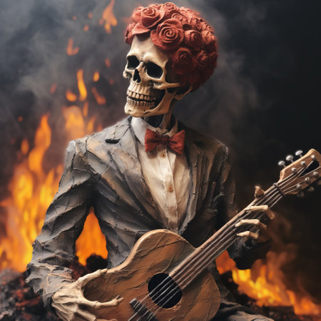 a skeleton musician, dressed in a suit, passionately strums a guitar in a burned and charred setting. this photorealistic representation showcases eccentric props, with a color palette dominated by dark red and orange hues. the image evokes a romantic emotion, reminiscent of the works of ludwig fahrenkrog and rubn maya. ai generatedの素材