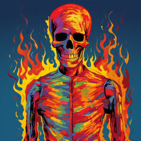 a low-resolution artwork featuring a fauvist-style female skeleton. the illustration bursts with energy-filled explosions of warmcore colors. the iconic pop culture caricatures are hyper-detailed, creating a dark and foreboding atmosphere. ai generatedの素材