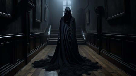 a dark-skinned character stands in an empty hallway, exuding an occultism-inspired aura. the 8k resolution image captures the character's slumped and draped posture, as if made of mist. the nabis influence is evident in the detailed costumes, which are dark black, adding to the mysterious atmosphere. ai generatedの素材