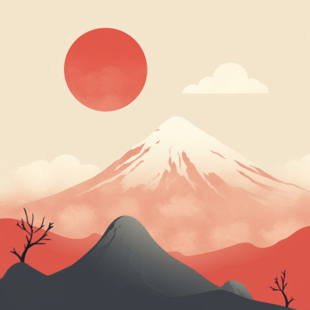 mountain scene wallpaper featuring a classic japanese simplicity style. this dreamlike illustration showcases a volcano and mountains in shades of light crimson and orange. the detailed atmospheric portraits create a vintage poster design, reminiscent of australian landscapes. a captivating and artistic illustration for those seeking a unique and serene wallpaper option. ai generatedの素材