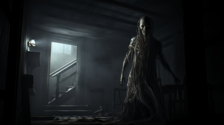a dark hallway in a scary house is captured in this photo, featuring a long man standing in the doorway. the image is created in the style of layered mesh and twisted characters, reminiscent of artists like eve ventrue and kim jung gi. the chilling creatures and organic sculpting add to the eerie atmosphere of the scene, enhanced by the low resolution. ai generatedの素材