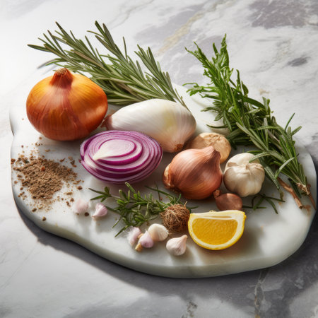 a board filled with a vibrant assortment of onions, garlic, rosemary, and lemon, arranged in a captivating still life composition. the colorful organic ingredients create a visually appealing contrast against the marble backdrop. the soft focal points and crisp details enhance the overall aesthetic, reminiscent of the artistic styles of sonian and velvia. ai generatedの素材