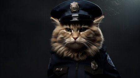 a cat, dressed in a police uniform, poses for an epic portraiture-style photo. the image showcases the post-processing skills of kevin mcneal, with dynamic composition and photo-realistic techniques. the soft-focus technique adds a touch of charm to this unique and captivating photograph. ai generatedの素材