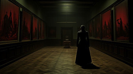 a person stands in a dark hallway adorned with paintings, showcasing the masterful use of shadows. this captivating scene, created using cinema4d, embodies the essence of victoria goth and classicism. the artistry incorporates the concept of figura serpentinata and skillfully plays with scale, reminiscent of the barbizon school. ai generatedの素材