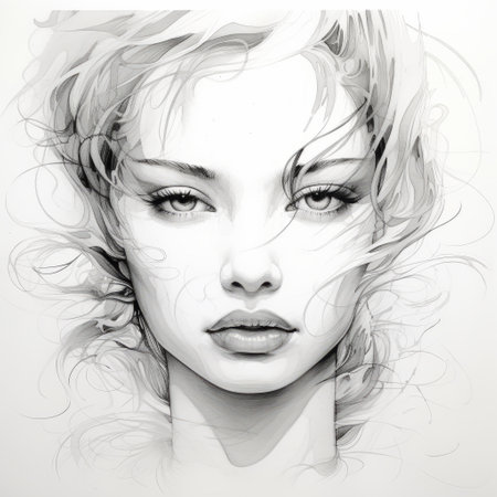 a woman's face, drawn in black and white, showcases the artistic style of artgerm. this romantic illustration combines elements of quirky manga art with detailed facial features. the artwork is characterized by its lush and detailed composition, while maintaining a loose and fluid aesthetic with soft-edged lines. ai generatedの素材