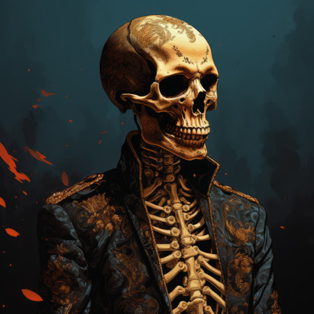 skeleton in military uniform with flames: this hyper-detailed illustration by dmitry vishnevsky showcases a dark and brooding designer's style. the richly detailed genre painting features a skeleton adorned in a military uniform, surrounded by dark orange and gold flames. the charming character illustration evokes a sense of mystery and intrigue, reminiscent of wealthy portraiture. ai generatedの素材