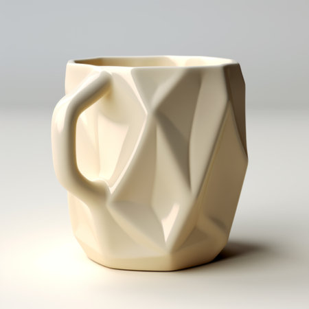 a 3d printed geometric coffee mug with creased, photorealistic rendering. this ivory-colored mug features a unique design inspired by fabric folds, giving it a low poly appearance. the intricate details are intentionally blurred, adding a touch of mystery. crafted with precious materials, this mug is a stunning blend of art and functionality. ai generatedの素材