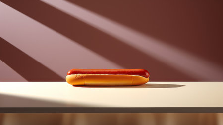 a hot dog sits on a table, beautifully capturing the interplay of light and shadow. the realistic portrayal showcases vibrant shades of light red and amber, while embracing abstract minimalism. this visually stunning image appeals to enthusiasts of vray tracing and sleepycore aesthetics. it has also won a contest, thanks to its striking contrasting balance. ai generatedの素材