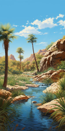 a palm tree stands tall, gracefully overlooking a serene river adorned with rocks. this picturesque scene captures the essence of greg hildebrandt's artistic style, characterized by brushstroke fields and detailed illustrations. the influence of steve henderson's desertwave can be seen in the tranquil desert setting. the composition evokes the spirit of asher brown durand's landscapes, while also incorporating elements of dau-al-set's aesthetic. ai generatedの素材