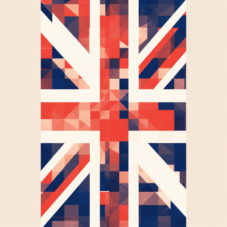 the union jack, featuring a polygonal pattern, showcases contemporary graphic design aesthetics. with a combination of dark orange and light beige, this mosaic-like collage embodies abstract minimalism. perfect for bold posters, this image can be found on flickr and incorporates shades of light navy and light magenta. ai generatedの素材