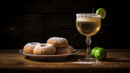 glass of juice and plate of sugar donuts, in dark silver and light green, traditional mexican style. rustic still lifes captured in night photography. applecore and uhd image add to the non-representational aesthetic. ai generatedの素材