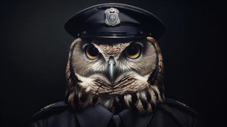 a large owl in a police uniform, captured in an epic portraiture style by vray and mikko lagerstedt. this photo showcases photo-realistic techniques, highlighting the sharp attention to detail and expressive characters of exotic birds. ai generatedの素材