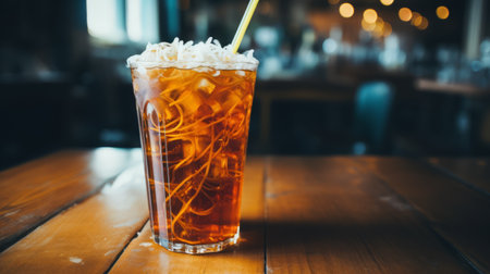 a glass of white iced tea with honey is captured in a soft focus, evoking a sense of nostalgia. the dark teal and brown tones add depth to the image, reminiscent of childe hassam's art. this photo reflects american consumer culture and incorporates dark themes, drawing inspiration from mahiro maeda's style. the image also hints at the emerging trend of carcore. ai generatedの素材