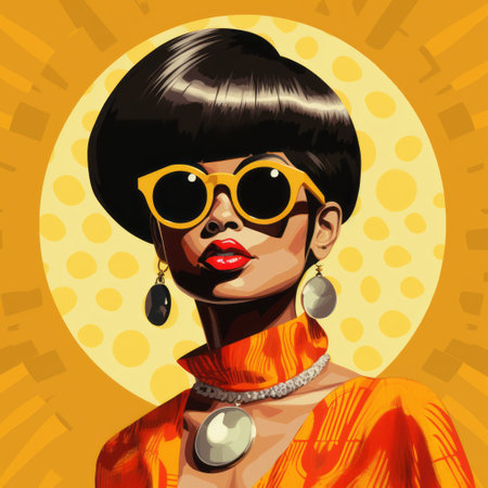 a pop illustrator's depiction of a woman in an orange dress, wearing glasses, showcases the vibrant and bold style of pop art illustration. with a hip-hop influence, the artwork exudes a retro charm through its dark yellow and bronze tones. the african influence is evident, adding a unique touch to this fashion illustration captured in a studio portrait. ai generatedの素材