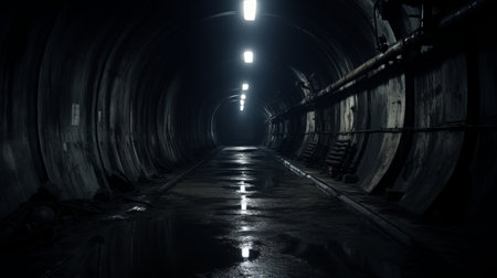 a dark tunnel with dripping water, showcasing an industrial horror aesthetic. this hyper-realistic image captures the eerie atmosphere with its long lens perspective. the dark indigo and dark gray tones add to the unsettling ambiance. reminiscent of found footage, the photo's bold use of light creates an eerily realistic scene. ai generatedの素材