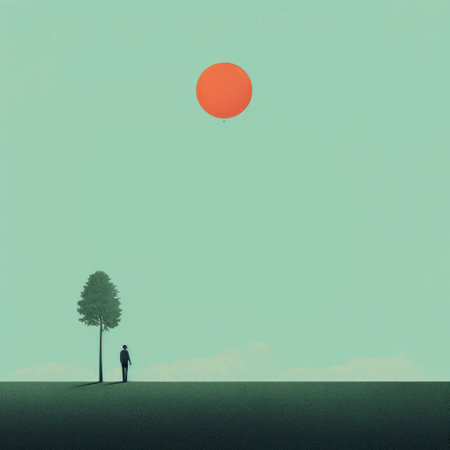 a man walks beside a tree in a field, with the sun behind him. this simplistic vector art, reminiscent of alessandro gottardo's style, combines surrealistic figurative elements with a contrast of scale. the minimalistic japanese influence and surreal post-modernism, akin to pierre huyghe's work, add depth to the composition. ai generatedの素材