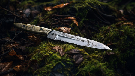 a knife rests amidst a lush pile of moss on the forest floor, capturing the essence of detailed hunting scenes. this high-quality photo showcases the steel blade against the vibrant green backdrop, enhanced with split toning and layered textures and patterns. the image exudes a primitive and captivating atmosphere, inviting viewers to explore the world of hunting. ai generatedの素材
