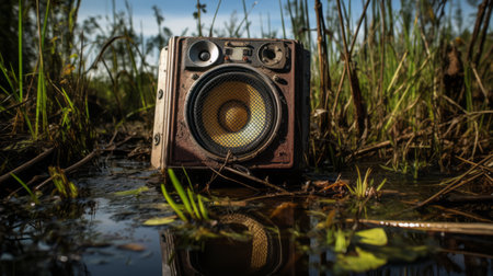 an old speaker lies submerged in water on the floor, creating a post-apocalyptic landscape. captured with a nikon d850, this image showcases the unique blend of forestpunk, eco-friendly craftsmanship, kidcore, cargopunk, and the essence of the southern countryside. ai generatedの素材