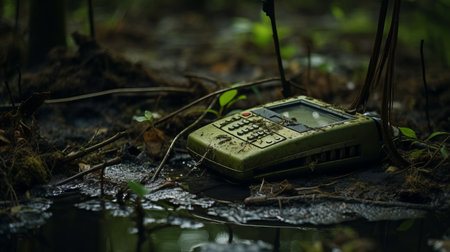 an old military analog cellphone rests on the muddy floor, blending into the mysterious jungle surroundings. this captivating image combines elements of environmental activism, datamoshing, and canon 7 photography. the nature-based patterns and naturecore aesthetic beautifully capture the essence of nature in a unique and intriguing way. ai generatedの素材