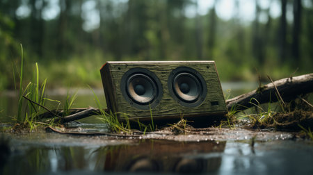 a large speaker, rendered in cinema4d, sits on a log in the woods. the hyper-realistic water surrounding it adds to the surreal atmosphere. inspired by the works of salomon van ruysdael, this junglepunk-themed photograph showcases a unique blend of nature and technology. with rtx on, the scene comes to life, creating a soggy yet captivating minimalist photography composition. ai generatedの素材