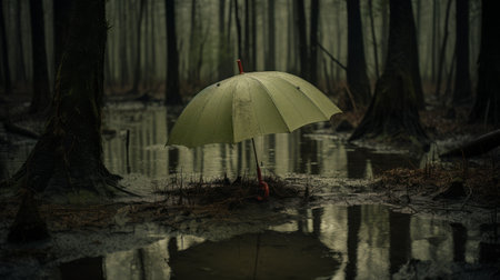 water flowing from the ground in a whimsical yet eerie animal symbolism style. the dark yellow and green hues create a moody atmosphere. captured with the carl zeiss distagon t 15mm f/2.8 ze lens, this photo showcases photorealistic and detailed natural scenes, evoking a forestpunk aesthetic. ai generatedの素材